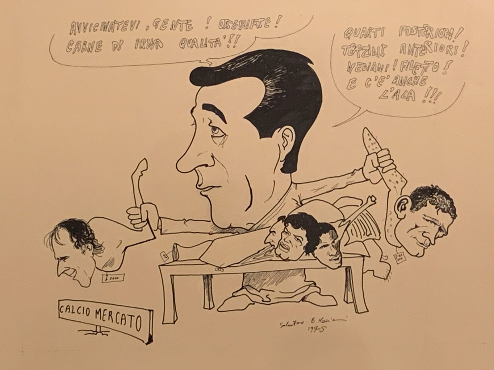 Caricatura di Arrica al calciomercato che vende giocatori come carne da macelleria