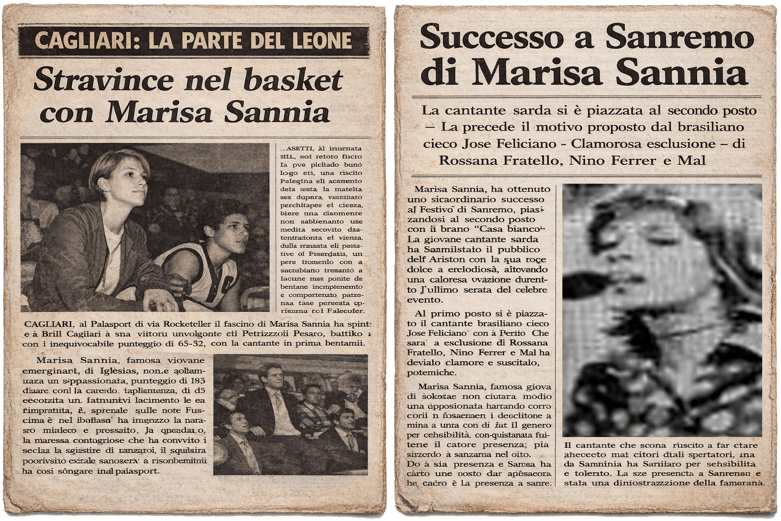 Ritagli di stampa dedicati a Marisa Sannia tra basket e Sanremo