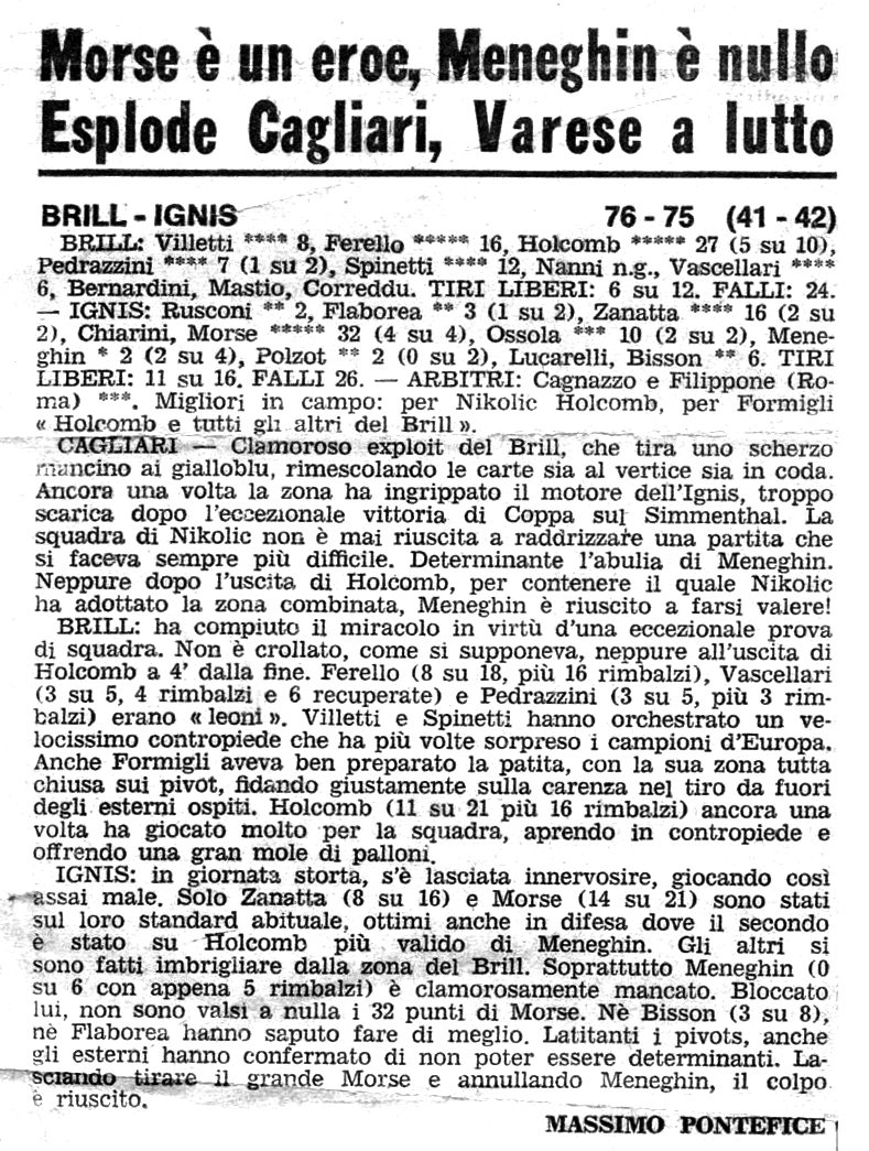 Ritaglio di giornale sulla vittoria del Brill sull'Ignis Varese