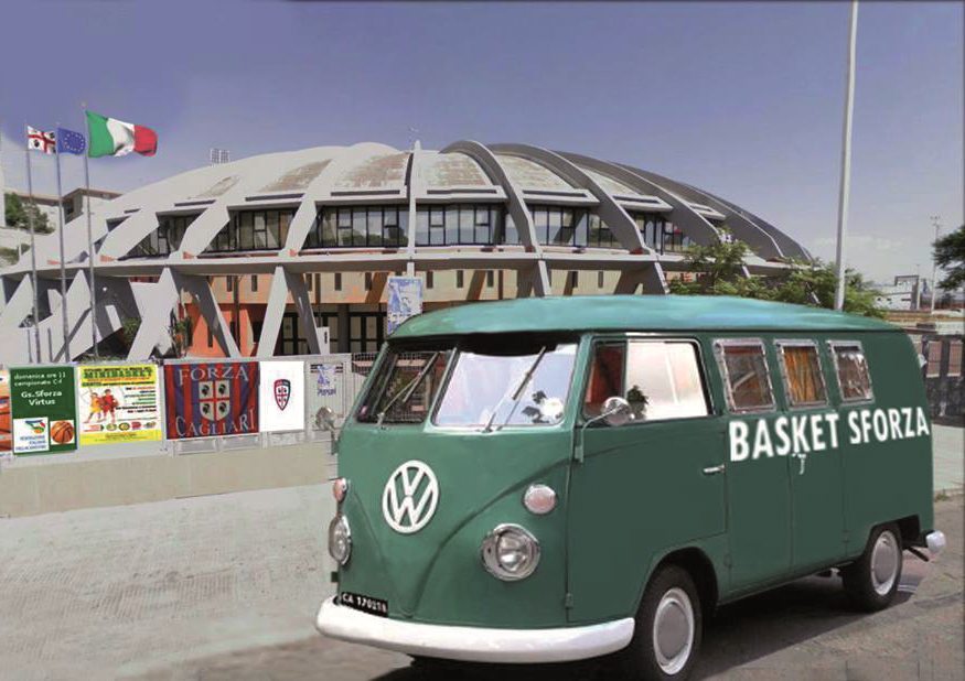 Pulmino del Basket Sforza davanti al Palazzetto dello Sport di Cagliari